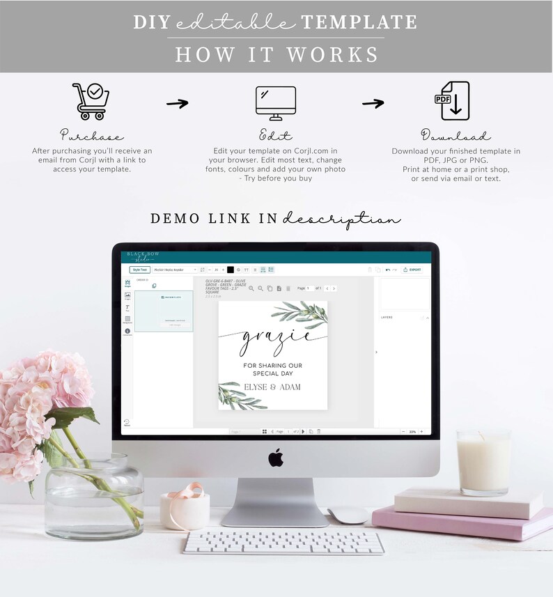 May include: A computer screen displaying a digital template for a wedding thank you card. The card features a green olive branch design and the text "grazie" for sharing our special day. The text "Elyse & Adam" is also included.
