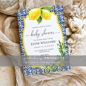 May include: A baby shower invitation with a blue and white tiled pattern and lemons. The invitation says "Please join us for a baby shower to honour mom-to-be Elyse Williams, August 16 | 10 o'clock, 160 Cambridge Street, Paddington. Please reply by..."