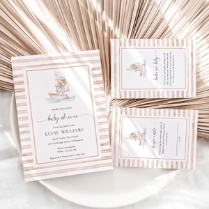 Suite d'invitations imprimable Sailor Bear Baby Shower, livres pour carte de bébé, billet de tombola couche-culotte, baby shower garçon nautique beige beige