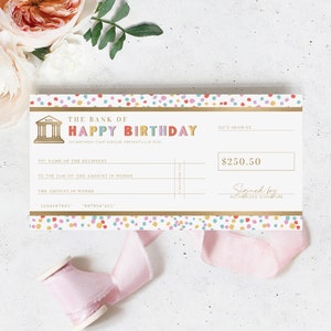 Geburtstagsscheck Vorlage, Gefälschter Bankscheck, Geschenkgutschein, Individuell druckbares Geschenkgutschein Geburtstagsgeschenk, Geburtstagsgeschenkgutschein, Dot