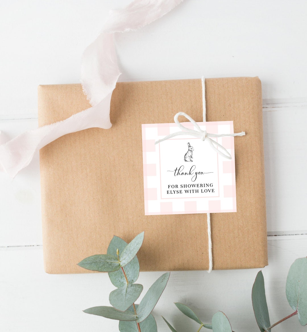 Pink Gingham Favor Tags Editable Bunny Favour Tags Baby Shower Thank You Tags Rabbit Picnic ...