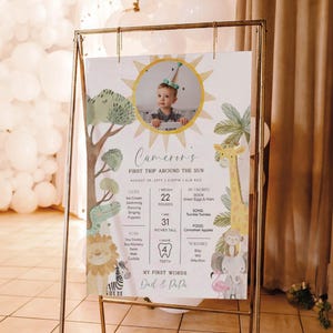 Puede incluir: Un p&oacute;ster ilustrado colorido para una fiesta de primer cumplea&ntilde;os con una foto de un beb&eacute; en un sol con un tema de selva. El p&oacute;ster incluye el nombre del beb&eacute;, su edad, peso, altura y primeras palabras. El p&oacute;ster tambi&eacute;n incluye una lista de las cosas favoritas del beb&eacute;, incluyendo comida, canciones y libros.