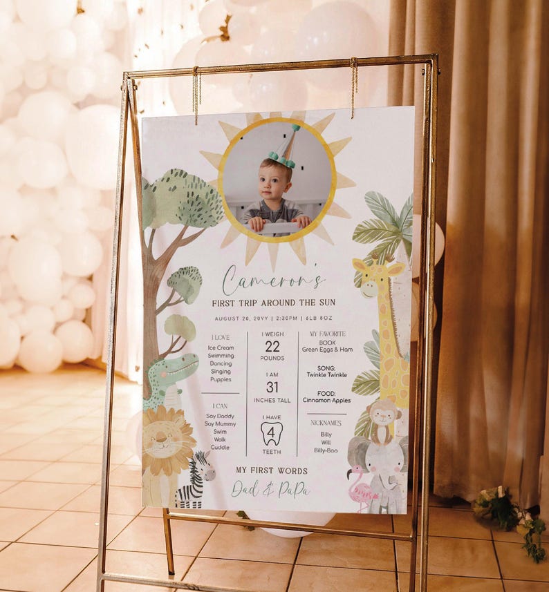 Puede incluir: Un p&oacute;ster ilustrado colorido para una fiesta de primer cumplea&ntilde;os con una foto de un beb&eacute; en un sol con un tema de selva. El p&oacute;ster incluye el nombre del beb&eacute;, su edad, peso, altura y primeras palabras. El p&oacute;ster tambi&eacute;n incluye una lista de las cosas favoritas del beb&eacute;, incluyendo comida, canciones y libros.