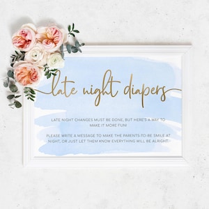 Late Night Diapers Sign - Blue Watercolour - Printable Baby Shower Games Sign - Gold Foil - DIY Baby Shower