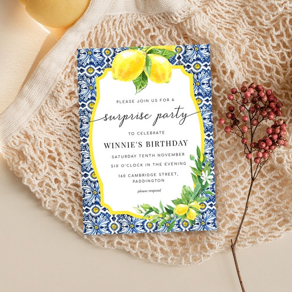 Surprise Party Invitation - Positano Lemons Blue Tile - Italian Lemons Birthday Invitation - Printable Invitation - DIY Editable Invitations
