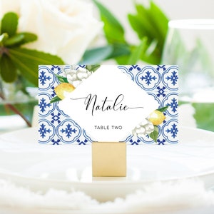 Mediterranean Blue Tile Lemon Place Cards - Wedding Escort Cards - Italian Theme - Table Name Cards - Food Label Cards - The Med