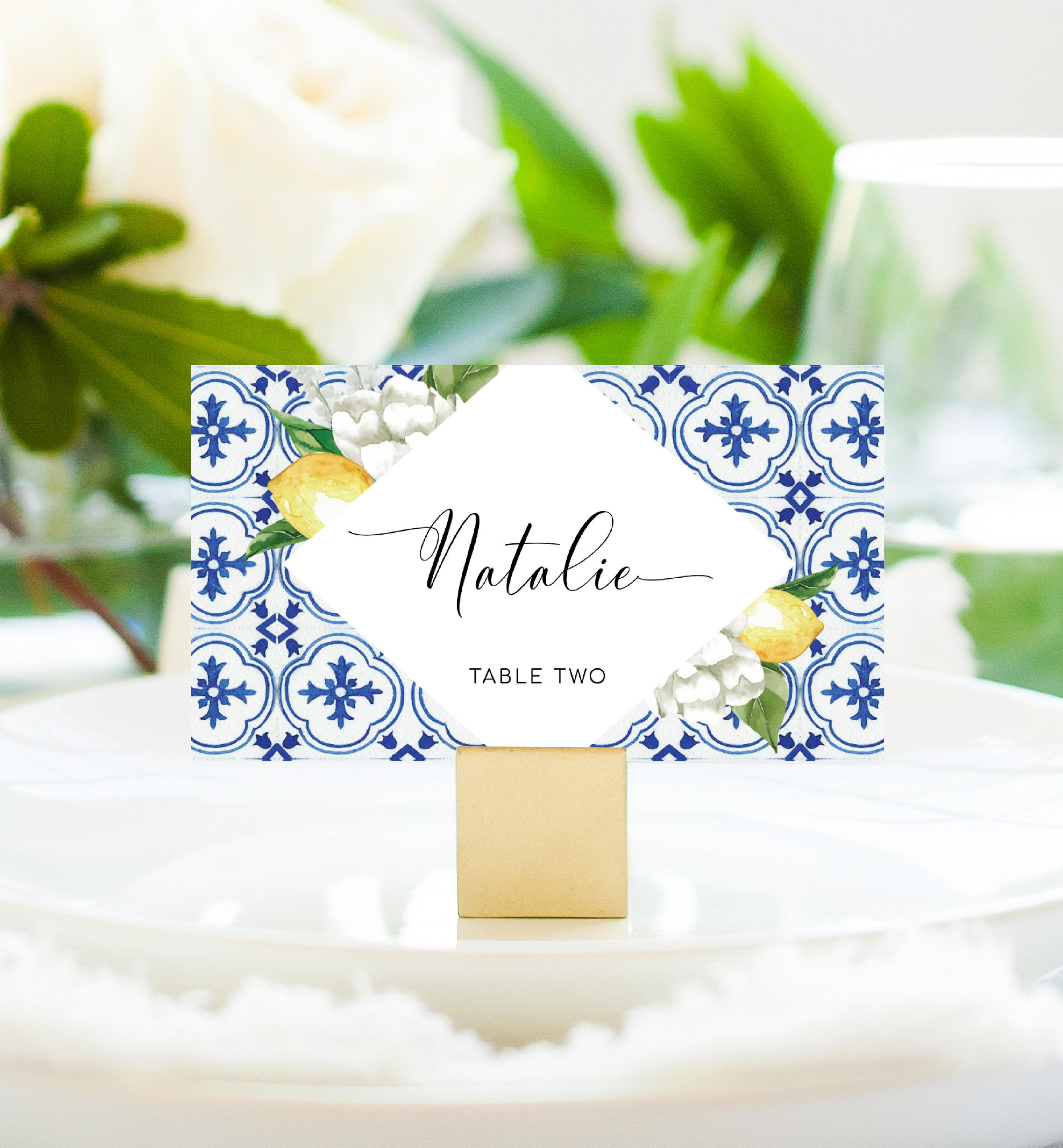 Mediterranean Lemon Printable Wedding Place Cards – Blue Tile
