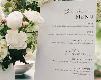 The Bar Menu Sign, Printable Wedding Bar Menu Template, Minimalist Wedding Bar Menu, Simple Elegant Wedding Drinks Menu, Ellesmere