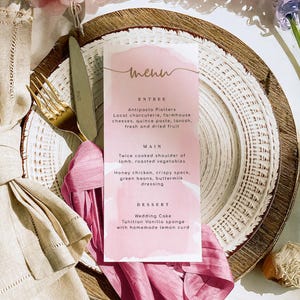Printable Menu Template, Pink Watercolour, Gold, Dinner Menu, Lunch menu, Baby Shower Menu, Bridal Shower Menu, Birthday Brunch Menu