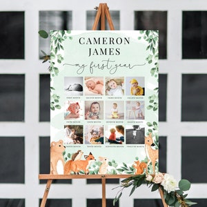 Signo de la línea de tiempo de la foto del primer cumpleaños, cartel de la foto del primer cumpleaños de los animales del bosque, signo del collage de fotos del primer año, signo de la foto del hito mensual