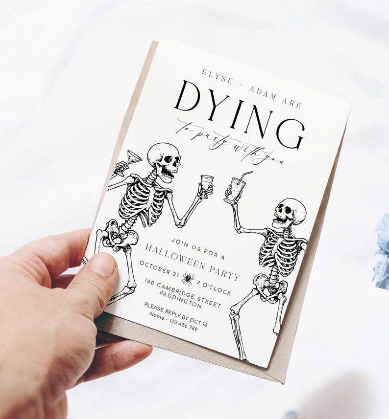 Printable Halloween Party Invitation, Halloween Costume Party Invitation, Dying To Party, Skeletons, Adults Halloween Party, Halloween Evite