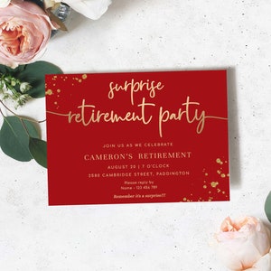 Editable Surprise Retirement Party Invitation, Printable Red Gold Leaving Party Invitation Template, Unisex Retirement Invite, Paintly