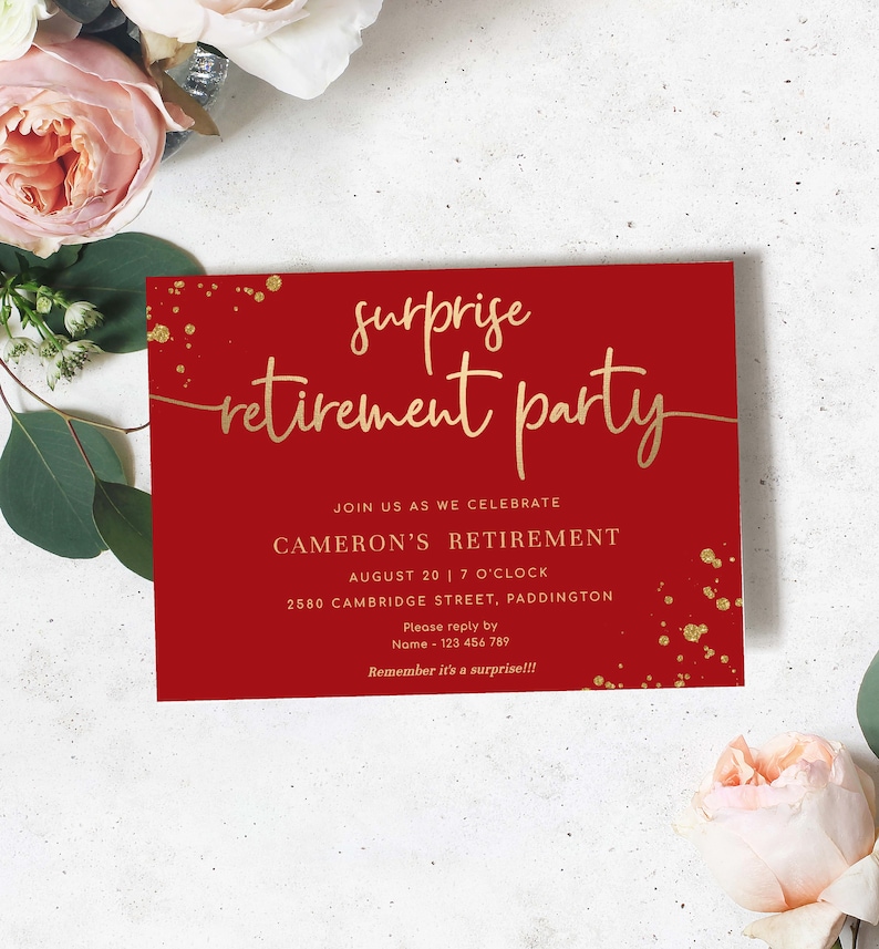 Editable Surprise Retirement Party Invitation, Printable Red Gold Leaving Party Invitation Template, Unisex Retirement Invite, Paintly