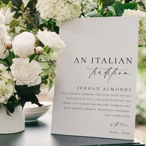Teken van een Italiaanse traditie, afdrukbaar bord Jordan Amandelen, minimalistisch gesuikerde amandelen bruiloft gunstbord, teken bruiloft traditie, Ellesmere