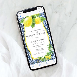 Digital Engagement Party Smartphone Invitation, Text Message Positano Blue Tile Lemons Wedding Shower Invite Template, Evite, Italian Lemons