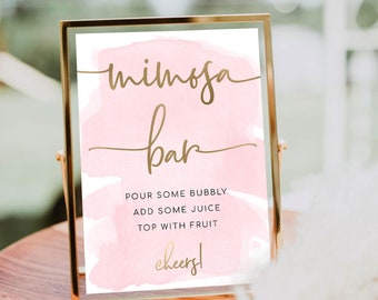 Mimosa Bar Sign, Pink Watercolour Printable Bridal and Baby Shower Sign, Gold Foil Drinks Bar Sign, Cocktail Sign, Wedding Drinks Sign