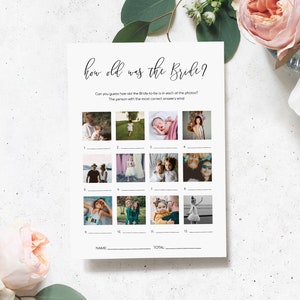 Könnte beinhalten: Ein druckbares Brautparty-Spiel mit 12 Fotos der Braut in verschiedenen Altersstufen. Die Gäste müssen erraten, wie alt die Braut auf jedem Foto ist. Die Person mit den meisten richtigen Antworten gewinnt.