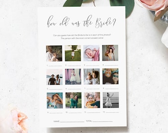 Op de afbeelding: Een printbaar bruiloftsspel met 12 foto's van de bruid op verschillende leeftijden. Gasten moeten raden hoe oud de bruid op elke foto is. De persoon met de meeste juiste antwoorden wint.