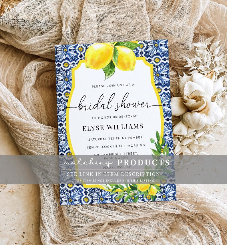 May include: A blue and white patterned bridal shower invitation with lemons and greenery. The invitation reads "Please join us for a bridal shower to honour bride-to-be Elyse Williams Saturday Tenth November Ten o'clock in the morning 140 Cambridge Street, Paddington matching PRODUCTS RSVP SEE LINK IN ITEM DESCRIPTION (THIS ITEM IS NOT INCLUDED IN THIS LISTING)"