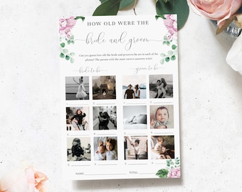 How Old Were The Bride and Groom Photo Game, Printable Guess How Old Game, Bridal Shower Game, Hens Party Game, Pink Hydrangea, Ferras