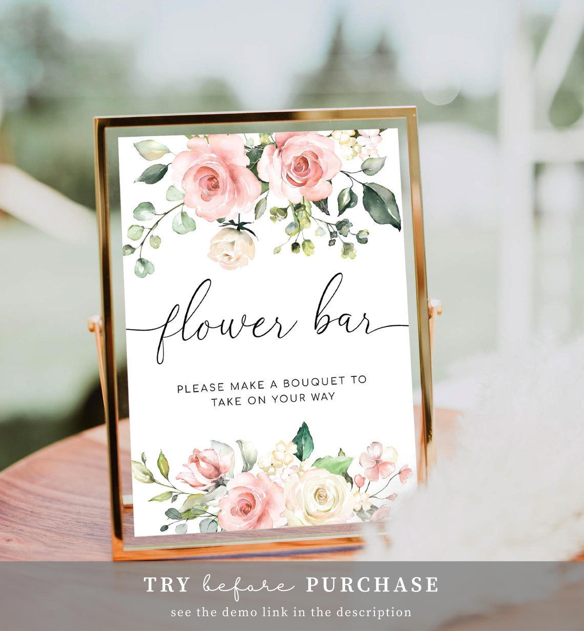 Blush Floral Flower Bar Sign Printable Bridal Shower Bouquet Etsy