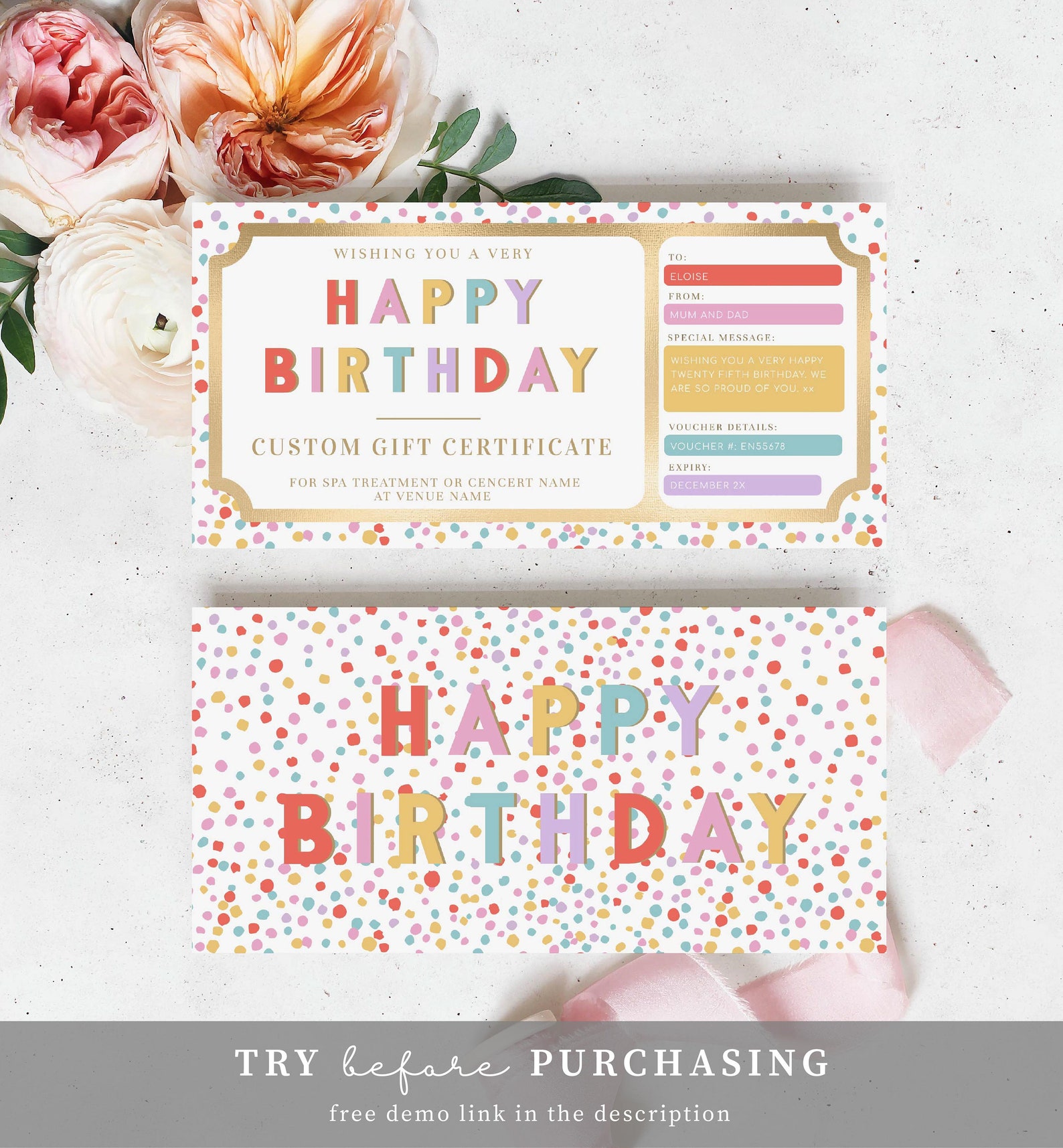Happy Birthday Custom Gift Voucher Template Printable - Etsy