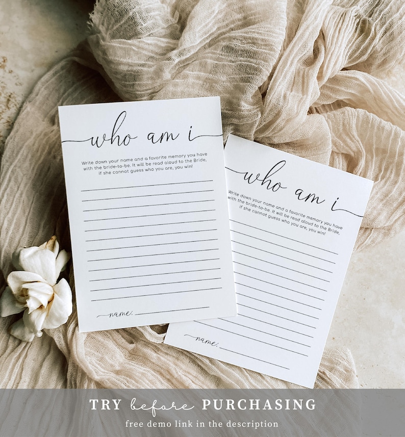 Who Am I Bridal Shower Game, Favorite Memory With The Bride Game, Modern Minimalist Bridal Shower Game, Quinn Script