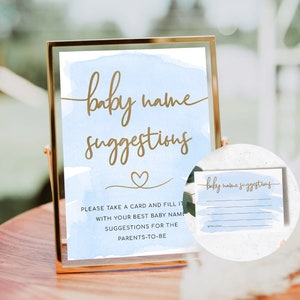 Baby Namen Vorschläge Karte und Schild, blau Aquarell Gold, druckbare Baby Namen Ideen Spiel, druckbare Jungen-Babyparty-Spiel
