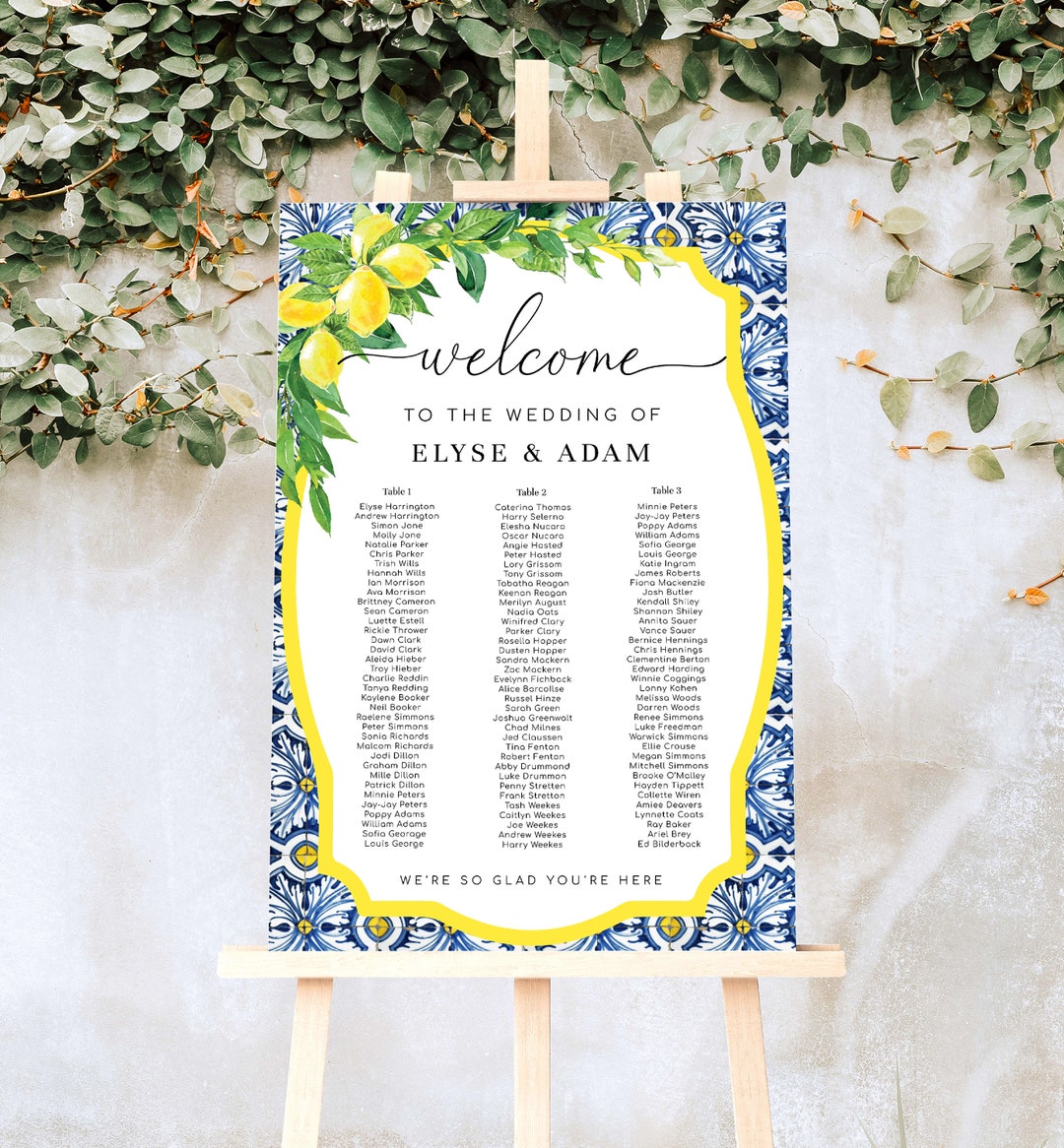 Printable 3 Long Tables Wedding Seating Chart Template, Positano Blue