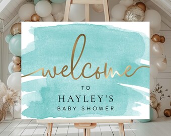 Teal and Gold Welcome Sign Template, Gender Neutral Baby Shower Welcome Sign, Boy Male Birthday Sign, Printable Welcome Sign Template