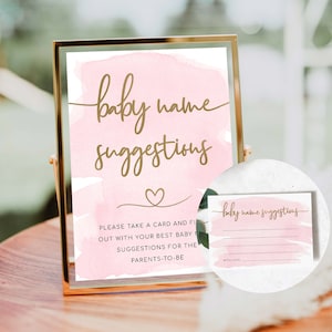 Baby Namen Vorschläge Karten- und Schild Vorlagen, Rosa Aquarell Gold, druckbare Baby Namen Ideen Spiel, druckbare Mädchen-Babyparty Spiel