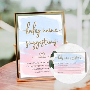 Signe et carte de suggestions de noms de bébé, jeu d'idées de noms de bébé aquarelle rose et bleu, jeu imprimable pour baby shower révélant le sexe