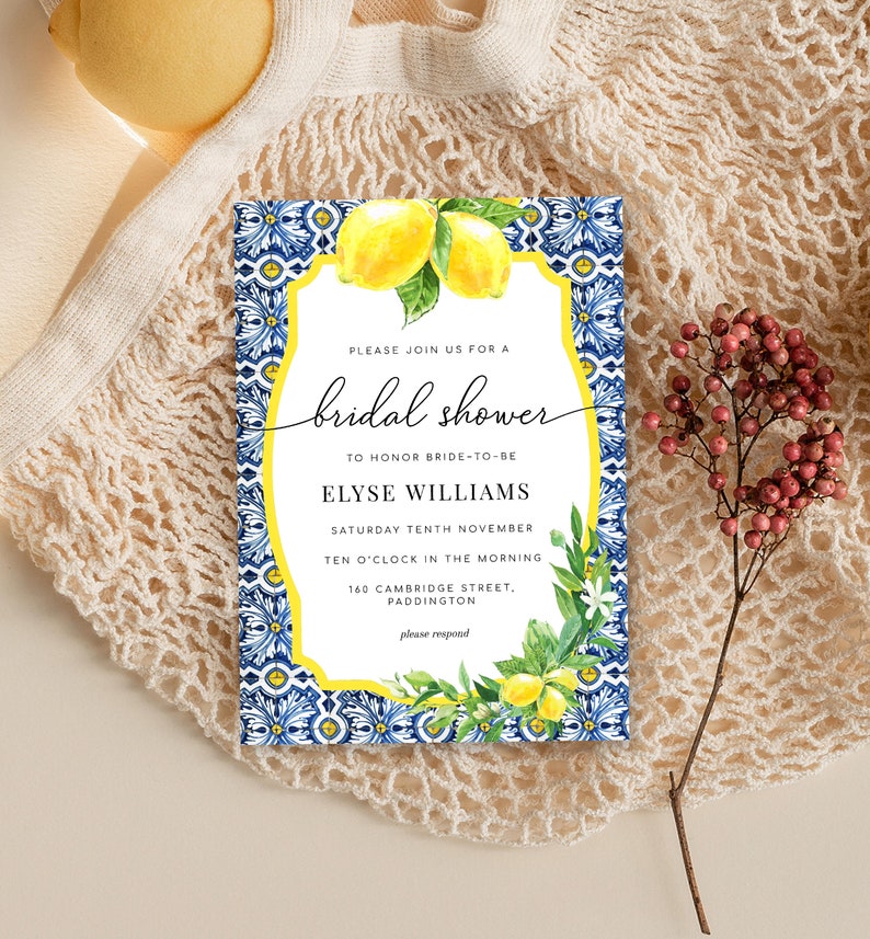 Bridal Shower Editable Invitation Template Positano Blue Tile - Hens Party Invitation - Tropical Lemons - Bachelorette Party - DIY Invite 