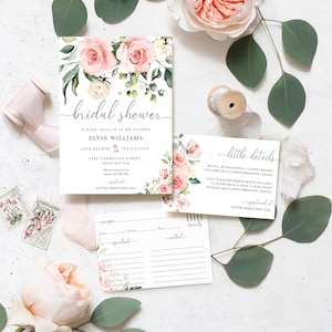 Convite para chá de panela floral Blush com detalhes de cartão e conjunto de cartões de receita, convite para chá de panela para impressão, convite para festa de galinhas, Darcy Floral