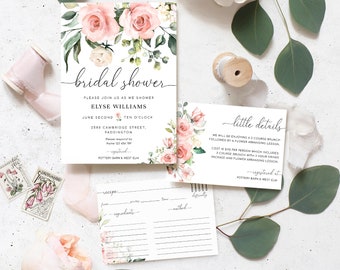 Blush Floral Brautdusche Einladung Set, druckbare Rezeptkarte (digitaler Download), Darcy Floral