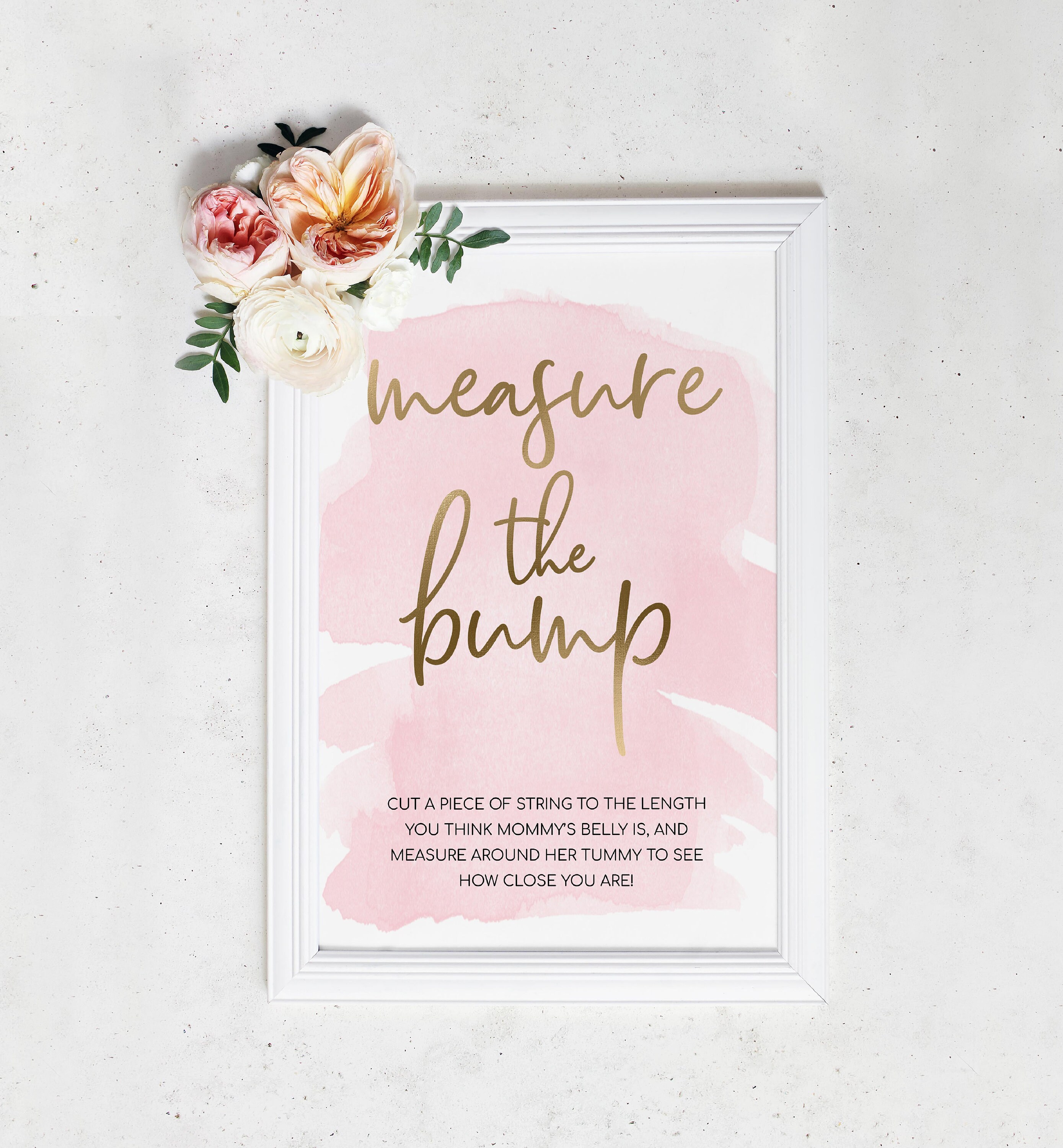 Measure the Bump Game Sign and Cards Pink Watercolour Measure Mommy's Belly  Game Baby Shower Sign Gold Foil DIY Baby Shower 