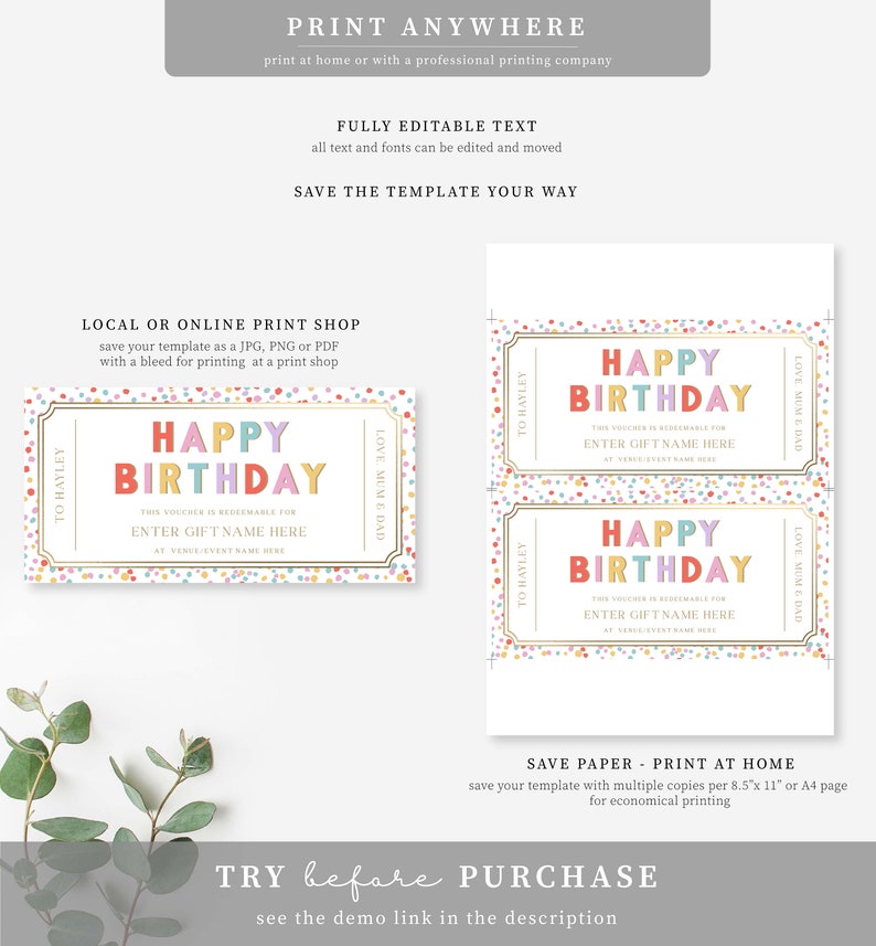 Happy Birthday Custom Gift Voucher Template, Printable Birthday Gift Certificate, Unisex Printable Birthday Gift Coupon, Multi Dot image 5