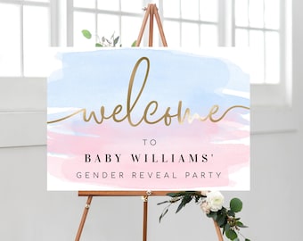 Printable Welcome Sign - Pink Blue Watercolour Gender Reveal Party Welcome Sign - Gender Neutral Baby Shower Welcome Sign - Gold Foil