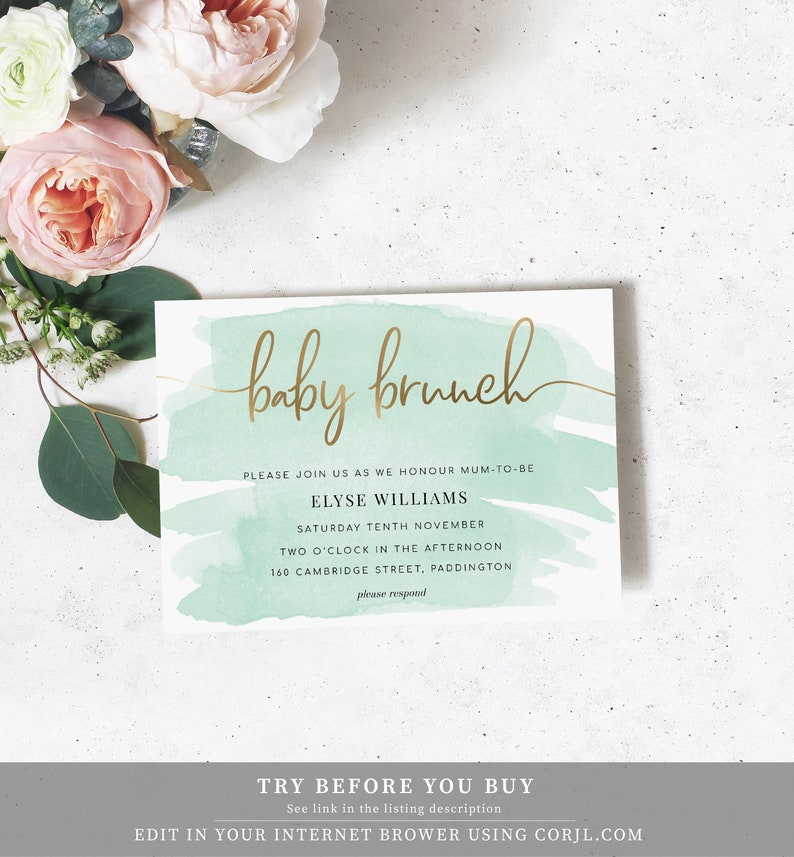 Mint Green Baby Brunch Invitation Template Gold Foil Etsy