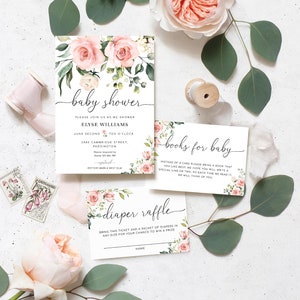 Blush Floral Baby Shower Invitation Books For Baby, Diaper Raffle Ticket, Pink Baby Girl Baby Shower Evite, Darcy Floral