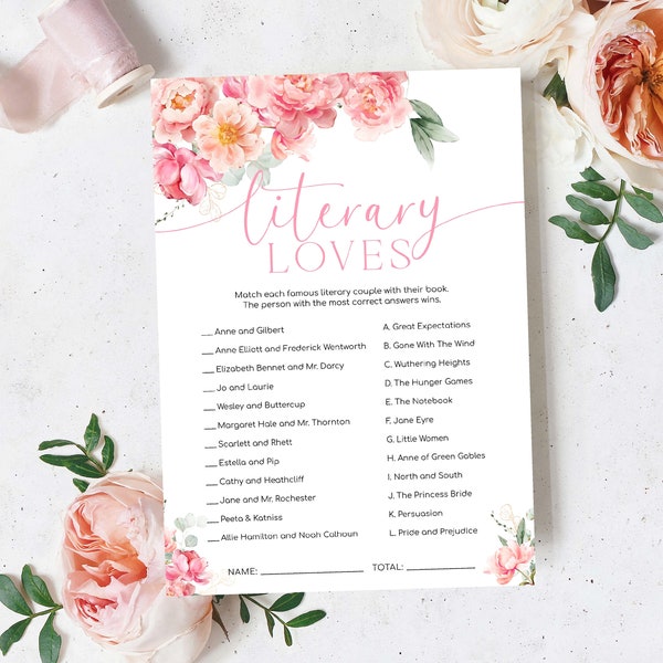 Literary Loves Game, Blush Hot Pink Peony Bridal Shower Book Characters Game, Famous Historical Couples Game, Literary Couples Quiz, Piper