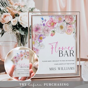 May include: A printable sign for a flower bar at a wedding or bridal shower. The sign features a watercolor floral design with pink, white, and purple flowers. The text on the sign reads "Flower Bar" and "Please make a bouquet to take on your way. Compliments of the future Mrs. Williams."