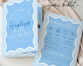 Blue Wavy Baby Shower Games Booklet, Modern Wavy Line Baby Shower Game, Printable Baby Predictions Template, Boy Baby Shower Games, Wave