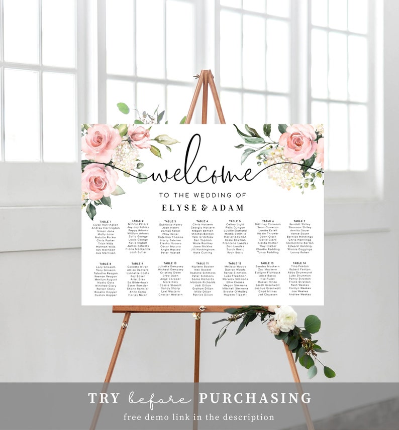 Printable Blush Floral Wedding Seating Chart, Wedding Table Plan, Editable Seating Chart Template, Seating Plan Poster, Darcy Floral