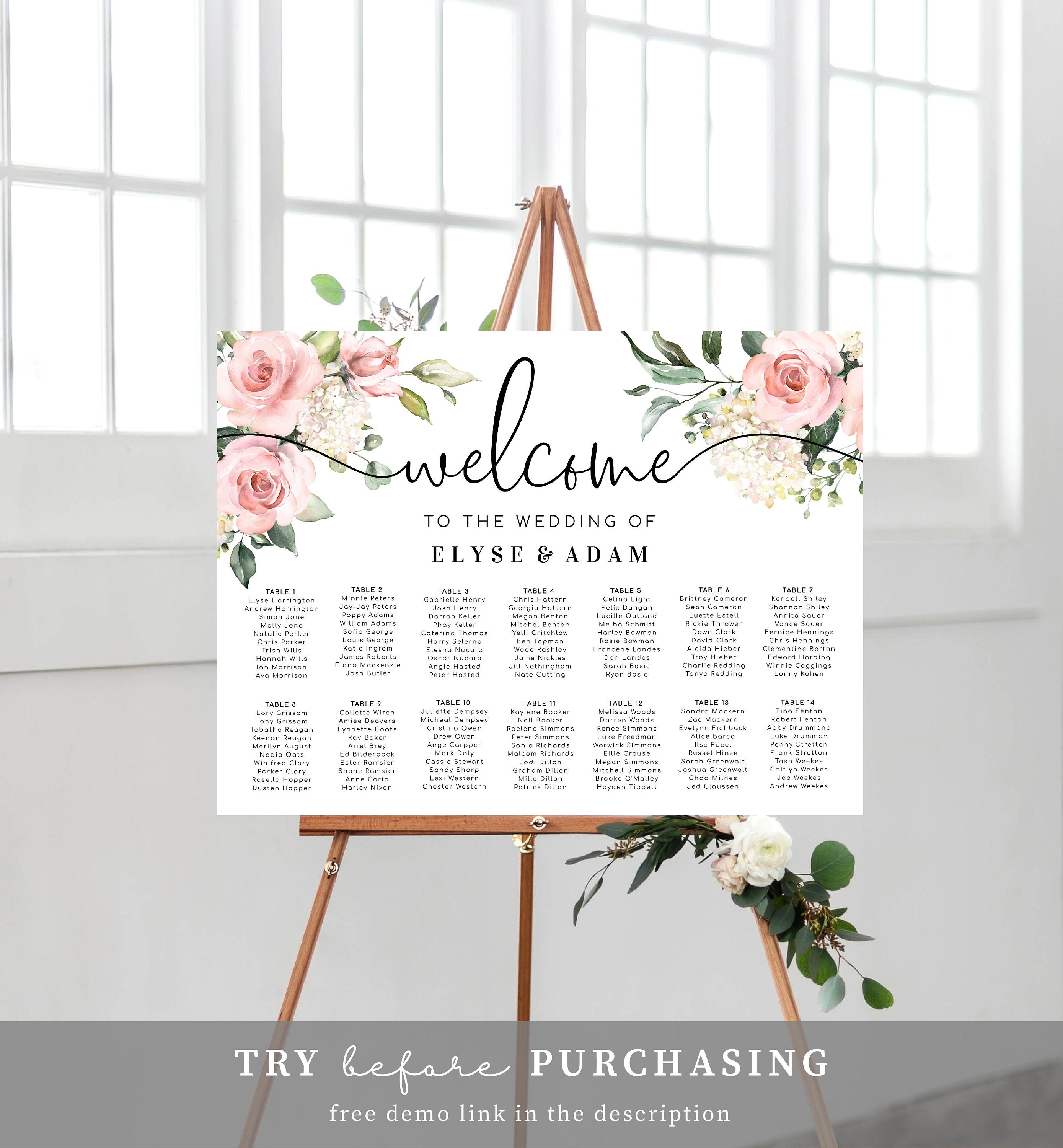 Table Plan Instant download Printable SU029 Find your seat Sign EDITABLE Seating Chart Corjl Template Blush Pink Floral
