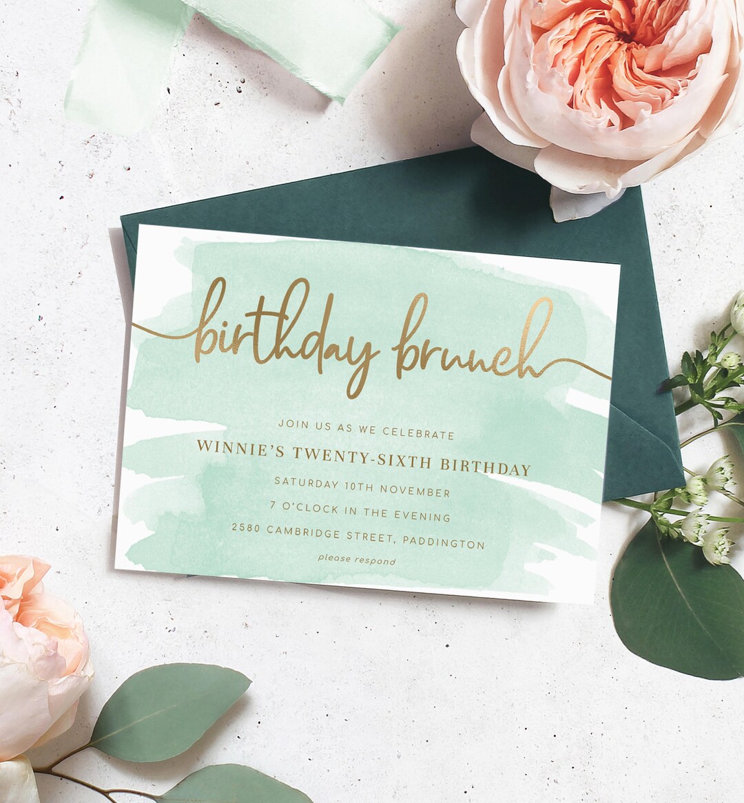 Editable Birthday Brunch Invitation Template - Green Watercolour Gold ...