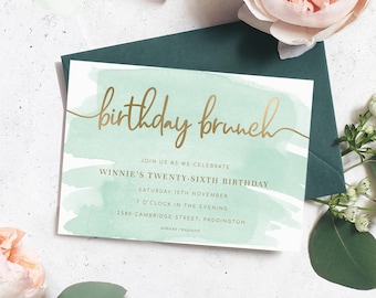 Green Watercolor Birthday Brunch Invitation Printable Template (Digital Download)