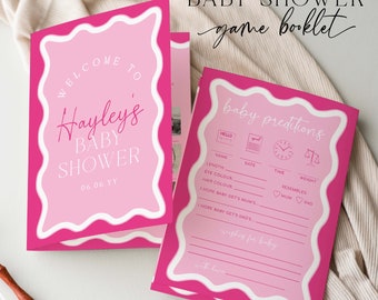 May include: Pink baby shower game booklet with a pink and white welcome sign that says "Welcome to Hayley's Baby Shower 06.06.YY". The booklet has a game called "Baby Predictions" with sections for name, length, eye color, hair color, date, time, weight, resembles mum, resembles dad, wishes for baby, and with love.