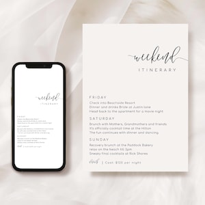 Printable Weekend Itinerary Template, Modern Minimalist, Editable Wedding Weekend Itinerary, Bachelorette Weekend Itinerary, Lucas Script
