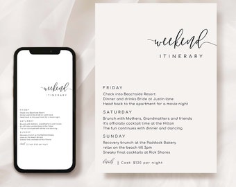 Printable Weekend Itinerary Template, Modern Minimalist, Editable Wedding Weekend Itinerary, Bachelorette Weekend Itinerary, Lucas Script